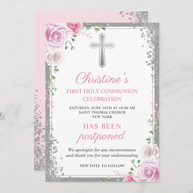 Postponed Announcement Pink Floral First Communion (Front/Back)