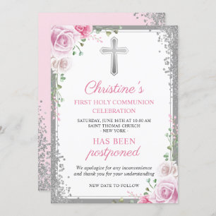 Postponed Announcement Pink Floral First Communion