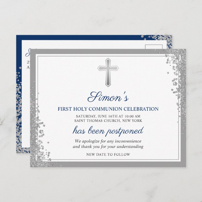 Postponed Announcement Silver First Holy Communion Postcard (Front/Back)