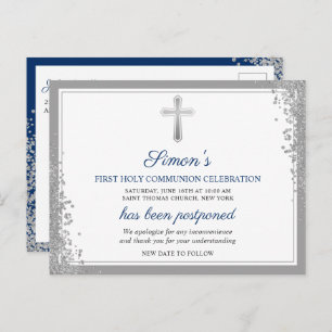 Postponed Announcement Silver First Holy Communion Postcard