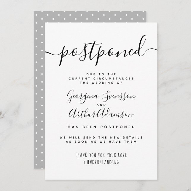 "Postponed" Black & White Script Wedding Change Invitation (Front/Back)