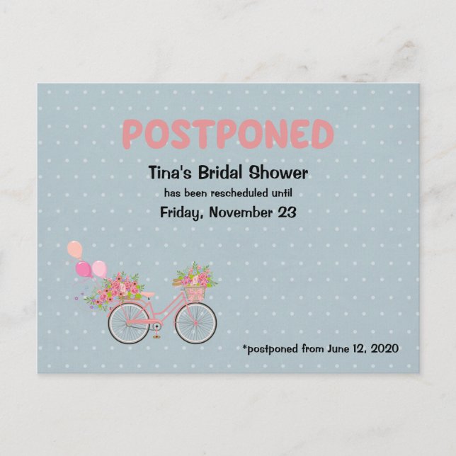 POSTPONED Bridal Shower Bike and Floral Polka Dot Invitation Postcard (Front)
