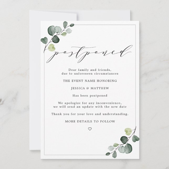 Postponed Change of Plans Eucalyptus Wedding Announcement (Front)