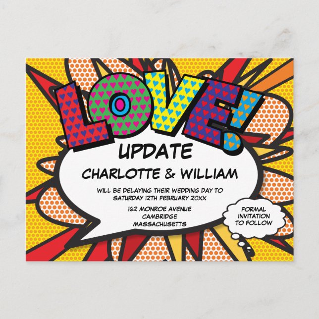 Postponed Change The Date Comic Book LOVE  Announcement Postcard (Front)
