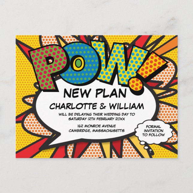Postponed Change the Date Fun Comic Book Announcement Postcard (Front)