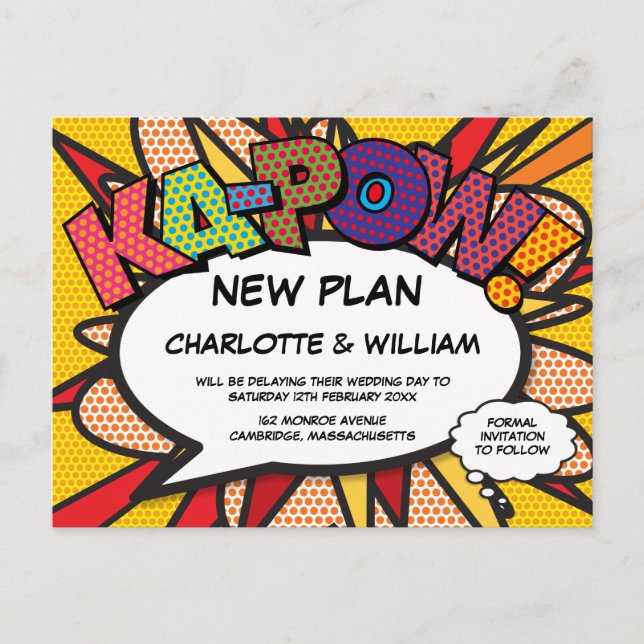 Postponed Change The Date Modern Fun Comic Book Announcement Postcard (Front)
