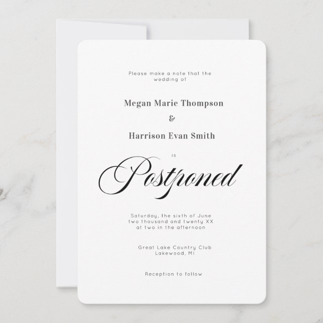 Postponed Elegant Wedding Invitation Event Change (Front)