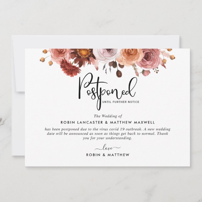 Postponed Event Announcement, Burgundy Blush Card (Front)