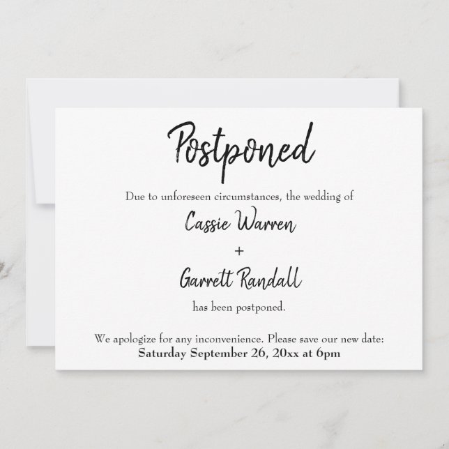 "Postponed" New Date Wedding Announcement (Front)