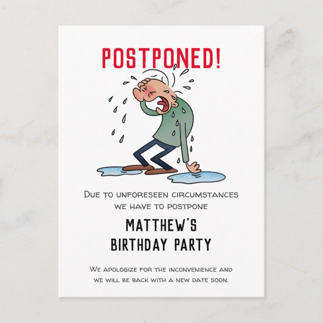 Postponed Party Cancellation Cartoon Humour Postcard (Front)