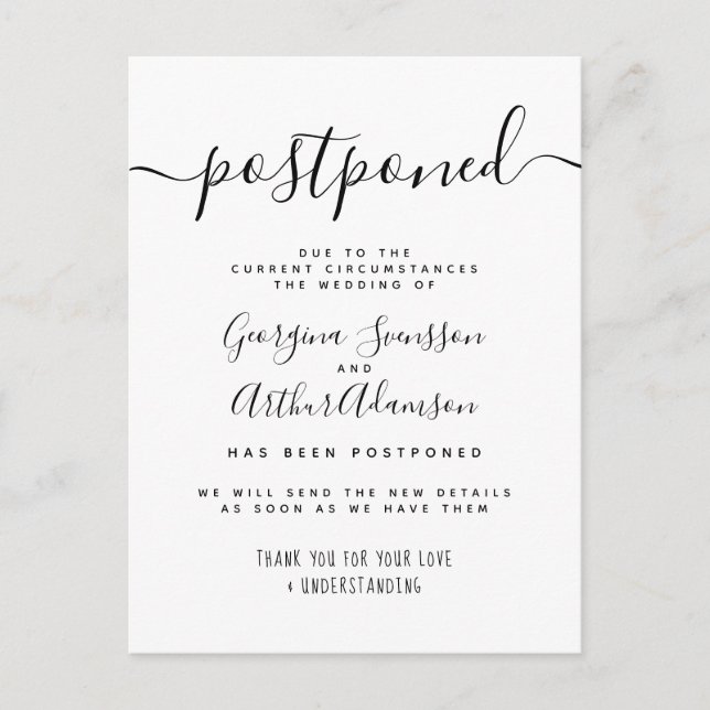 Postponed Script Wedding Postponement Announcement (Front)