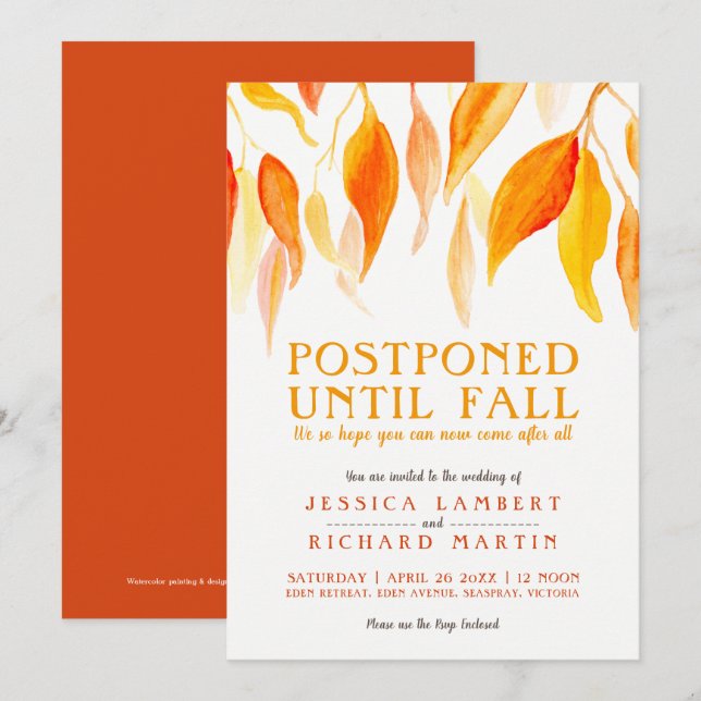 Postponed until fall orange leaves wedding invitation (Front/Back)