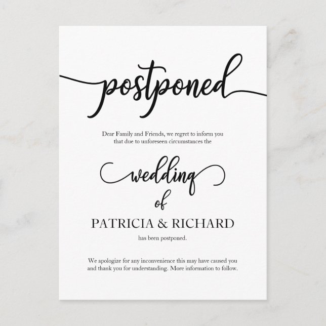 Postponed Wedding Announcement Elegant Calligraphy Postcard (Front)