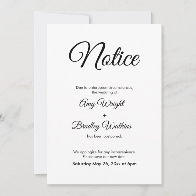 Postponed Wedding Announcement Elegant Notice (Front)