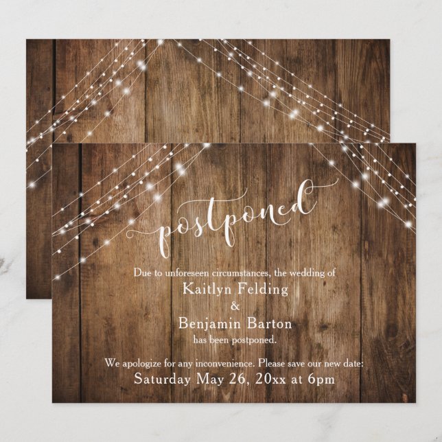 Postponed Wedding Announcement Rustic Wood Lights (Front/Back)