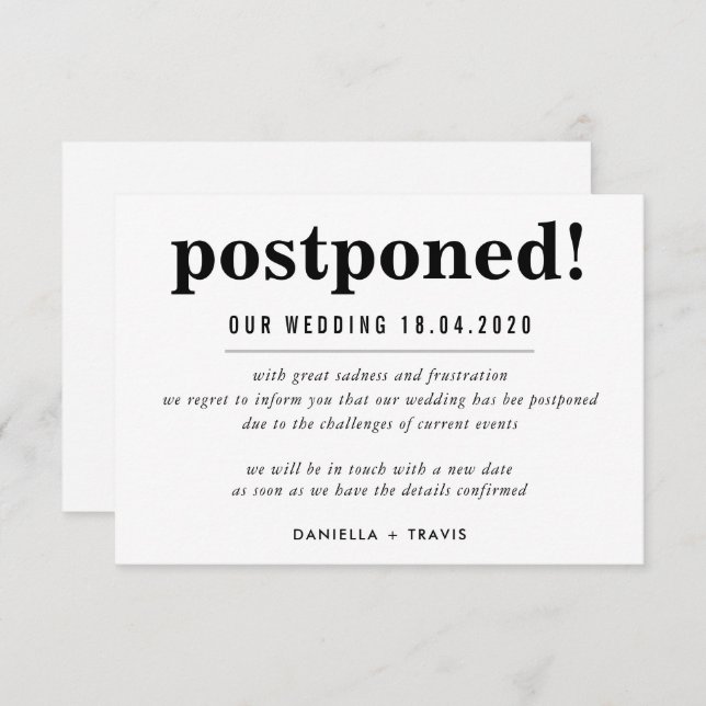 POSTPONED WEDDING announcement simple information (Front/Back)