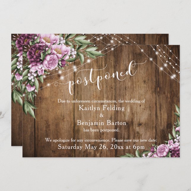 Postponed Wedding Announcement Wood Lights Flowers (Front/Back)