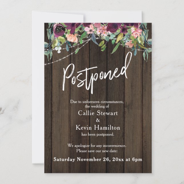 Postponed Wedding Announcement Wood Lights Flowers (Front)