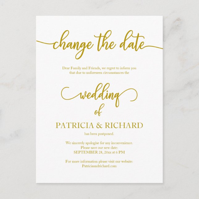 Postponed Wedding Date Announcement Elegant Gold Postcard (Front)