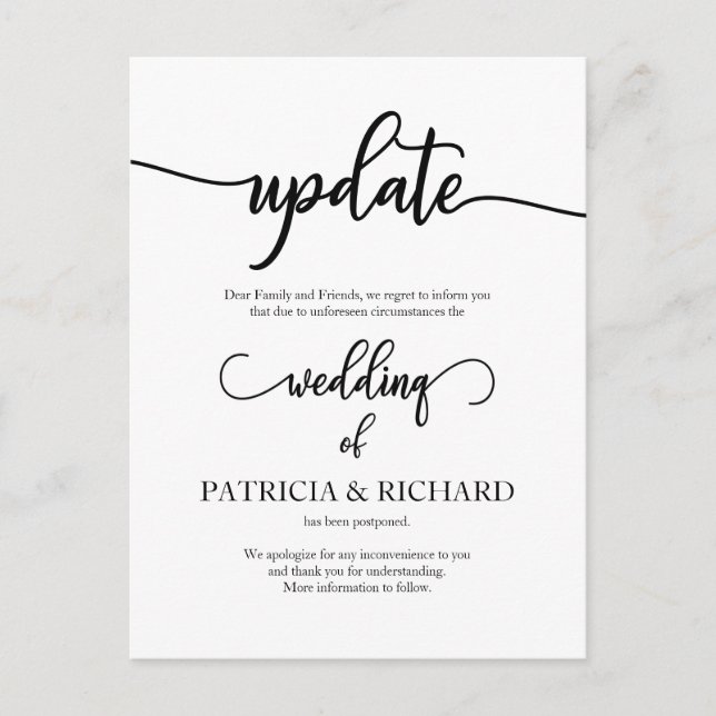 Postponed Wedding Date Announcement Elegant Postcard (Front)
