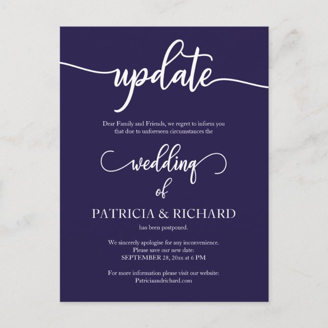 Postponed Wedding Date Announcement Navy Blue Postcard (Front)