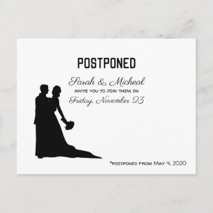 POSTPONED Wedding Date Black and White Silhouette Invitation Postcard