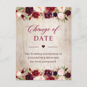 Postponed Wedding Date Rustic Wood Burgundy Floral Postcard