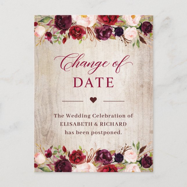 Postponed Wedding Date Rustic Wood Burgundy Floral Postcard (Front)