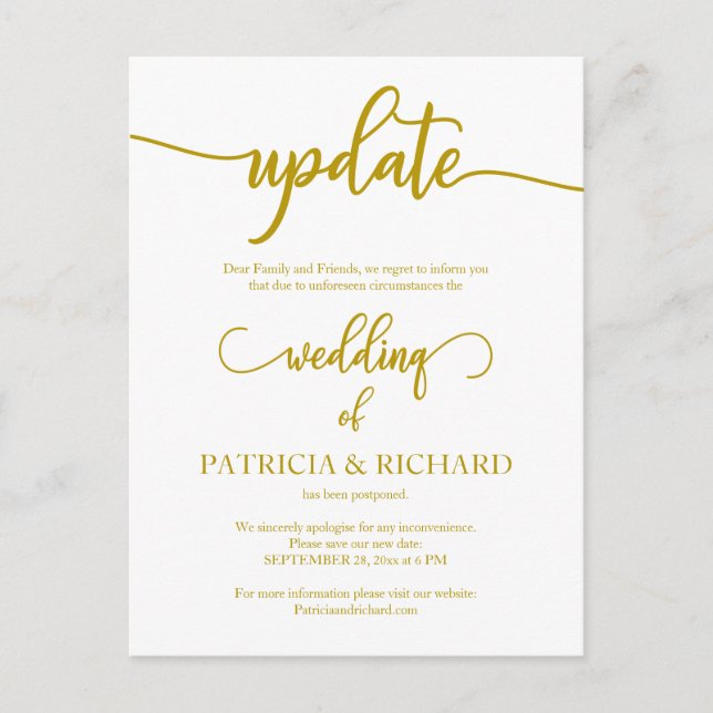 Postponed Wedding Date Update Announcement Gold Postcard (Front)