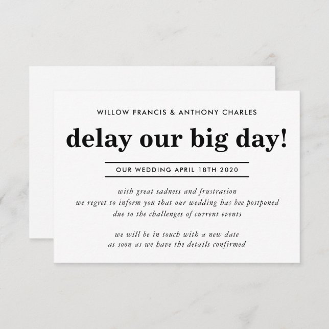 POSTPONED WEDDING delay our big day simple info Invitation (Front/Back)