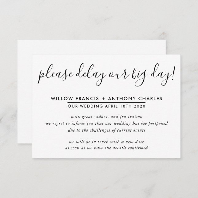 POSTPONED WEDDING delay our big day simple info Invitation (Front/Back)