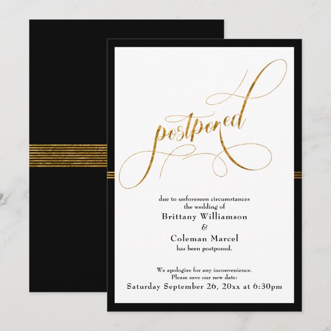 Postponed Wedding Elegant Black & Gold Stripe Card (Front/Back)