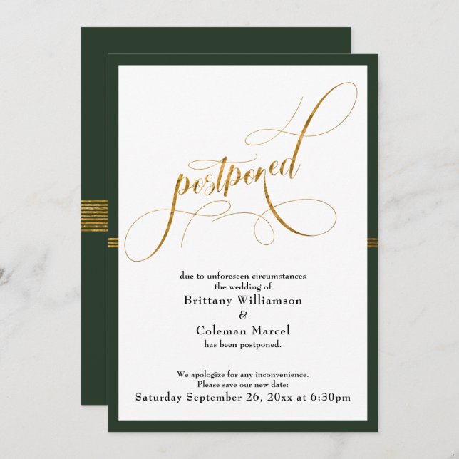 Postponed Wedding Elegant Green & Gold Stripe Card (Front/Back)
