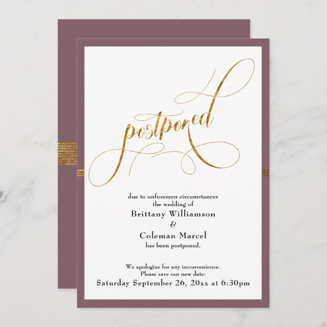 Postponed Wedding Elegant Mauve & Gold Stripe Card (Front/Back)