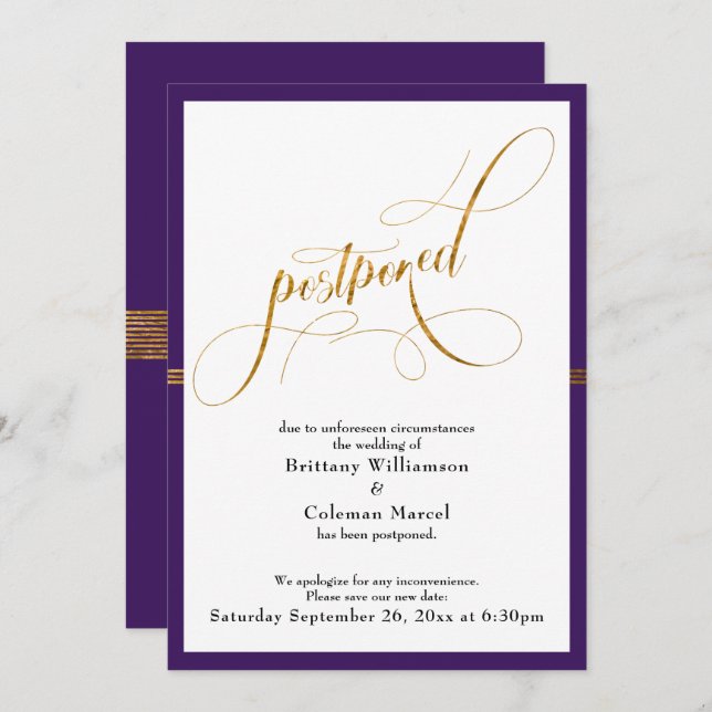 Postponed Wedding Elegant Purple Gold Stripe Card (Front/Back)
