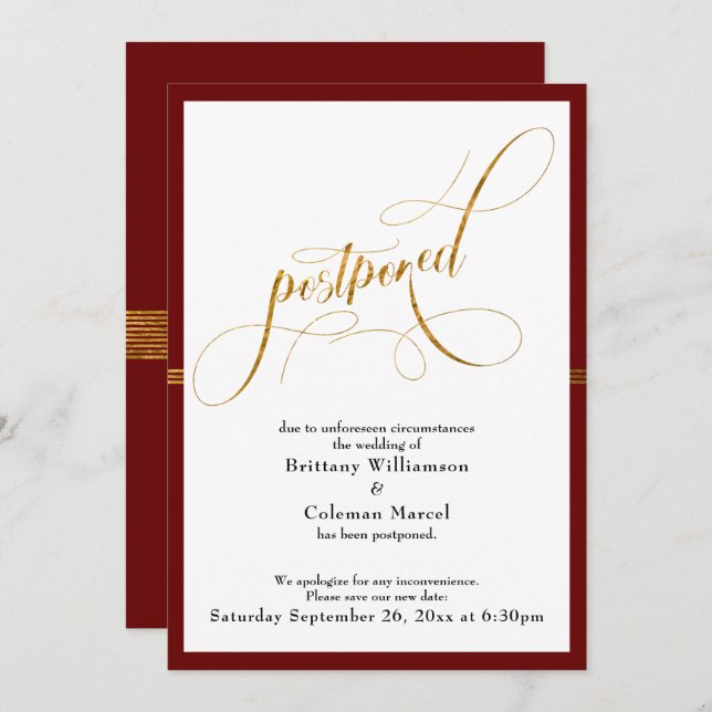 Postponed Wedding Elegant Red w/ Gold Stripe Card (Front/Back)