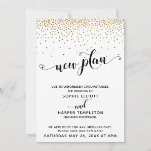 Postponed Wedding Gold Confetti & Hearts New Plan Invitation