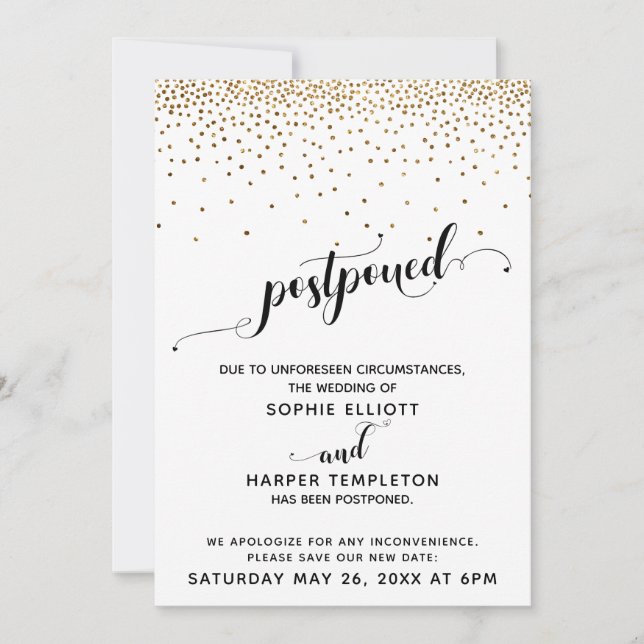 Postponed Wedding Gold Confetti & Hearts Script Invitation (Front)