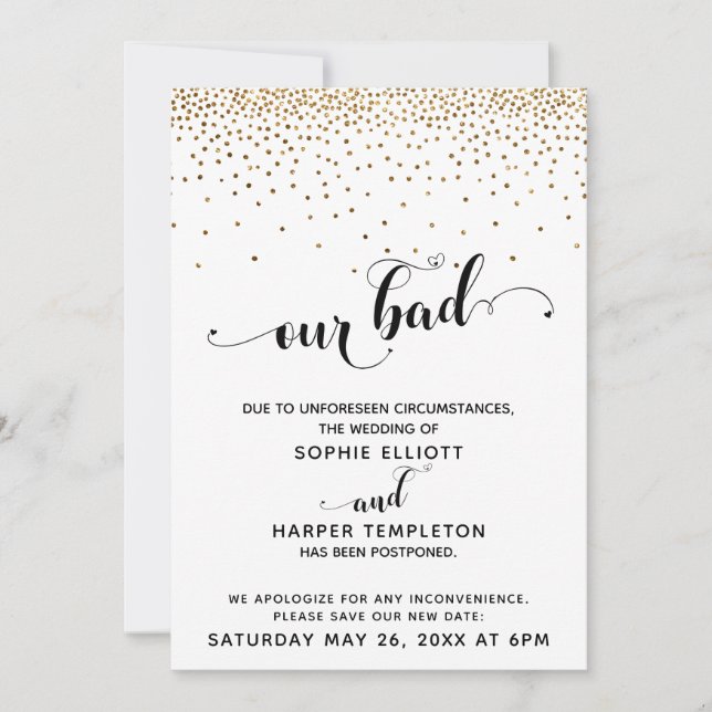 Postponed Wedding Gold Confetti & Hearts Whoops Invitation (Front)