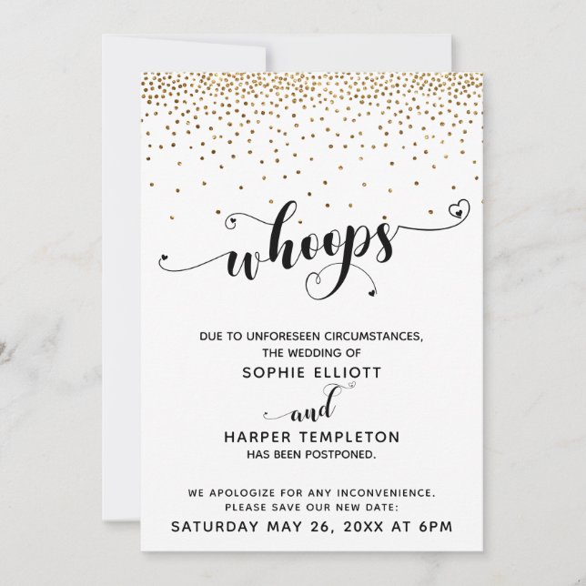 Postponed Wedding Gold Confetti & Hearts Whoops Invitation (Front)