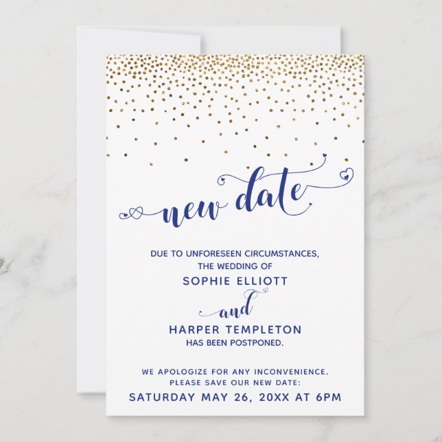 Postponed Wedding Gold Confetti Navy New Date Invitation (Front)