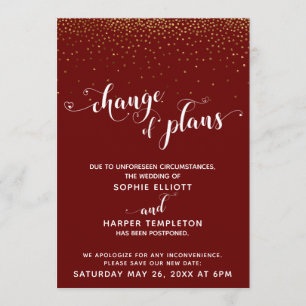 Postponed Wedding Gold & Red Change of Plans Card