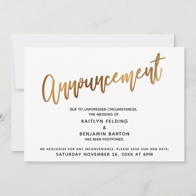Postponed Wedding Gold Typography Announcement  (Front)