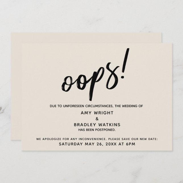 Postponed Wedding Humourous "Oops!" Cream Card (Front/Back)