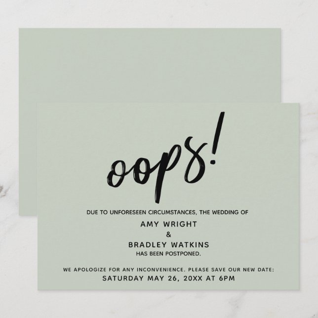 Postponed Wedding Humourous "Oops!" Sage Green Car Invitation (Front/Back)