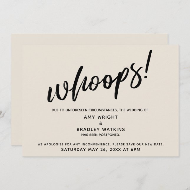 Postponed Wedding Humourous "Whoops!" Cream Card (Front/Back)