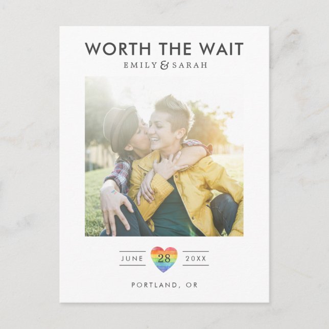 Postponed Wedding LGBTQ Save the Date with Photo Postcard (Front)