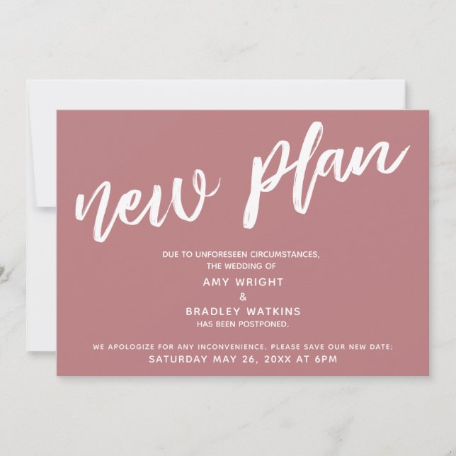 Postponed Wedding New Plan Dusty Rose Announcement (Front)
