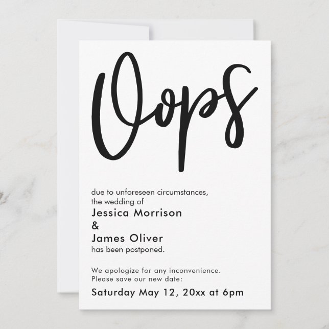 Postponed Wedding "Oops" Humourous Announcement (Front)