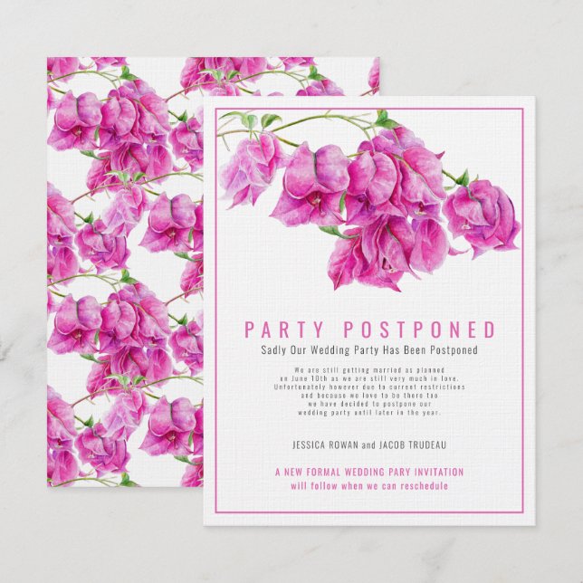 Postponed wedding party bougainvillea pink cancel invitation (Front/Back)